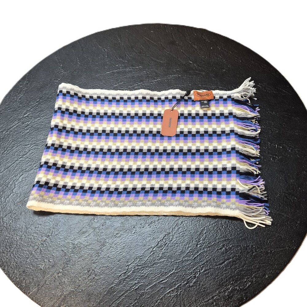 Missoni Wool Scarf Made in Italy Check Blue Grey Lavender White 12x68'' Preppy
